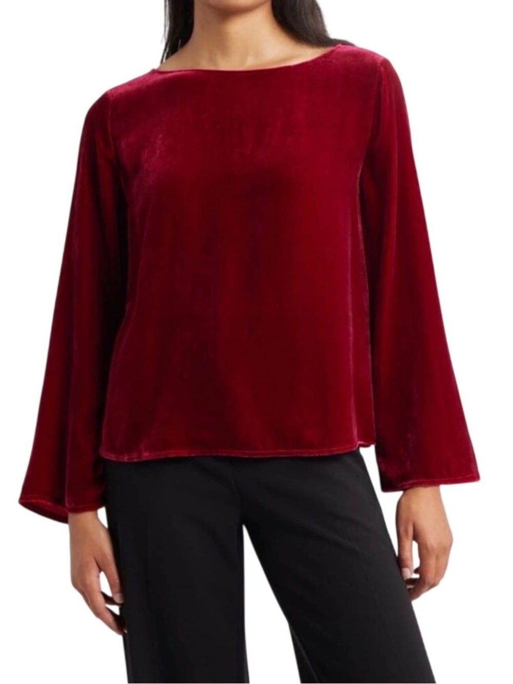 Eileen Fisher Women’s Large Ruby Red Velvet Flare Sleeve Top Silk Blend NWT